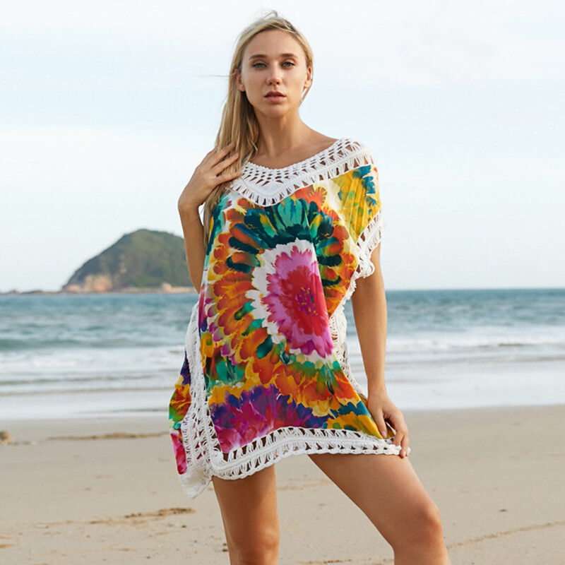 ملابس الشاطئ القطنية المزينة بالبيكيني 2021 ملابس الشاطئ المثيرة الملونة المطبعة بالكروشيه المحبوكة ملابس السباحة للنساء