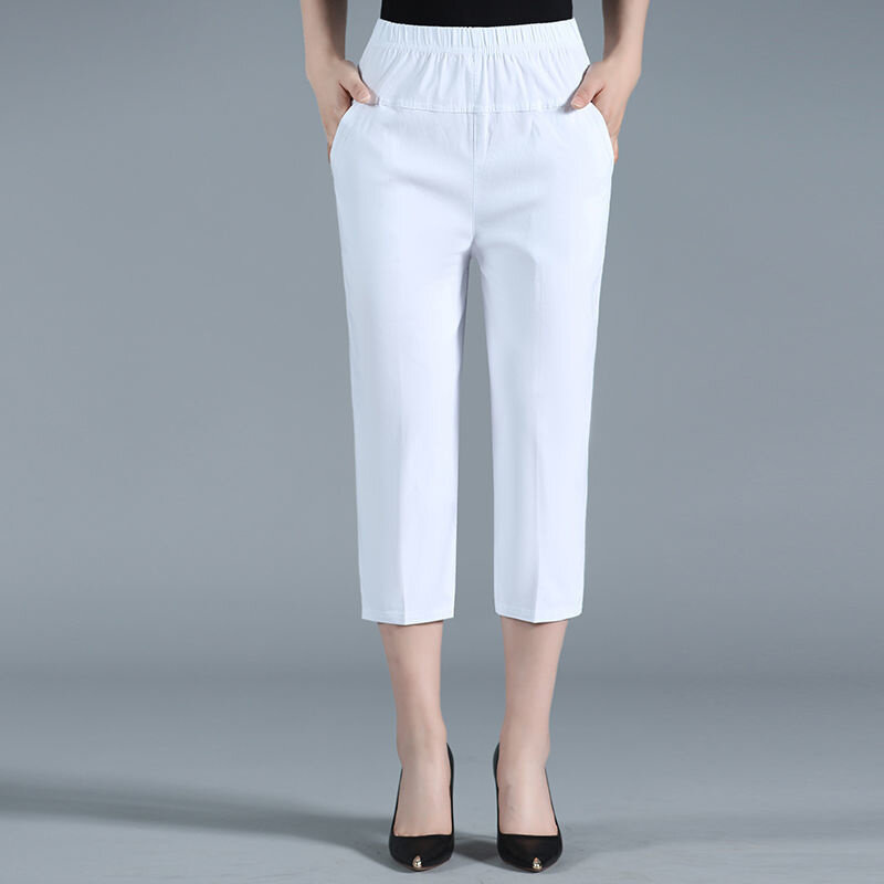 2022 Summer Women Thin Capris Pants New Elastic High Waist Straight Pants Loose Middle-aged Female Casual Solid Baggy Pants