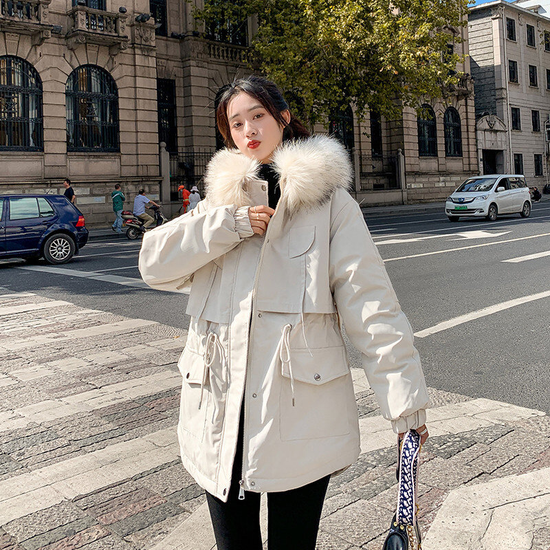 الشتاء المرأة معطف دافئ 2021 جديد الكورية نمط المخملية الفراء طوق منتصف طول سترة سستة الصلبة البساطة السيدات معطف