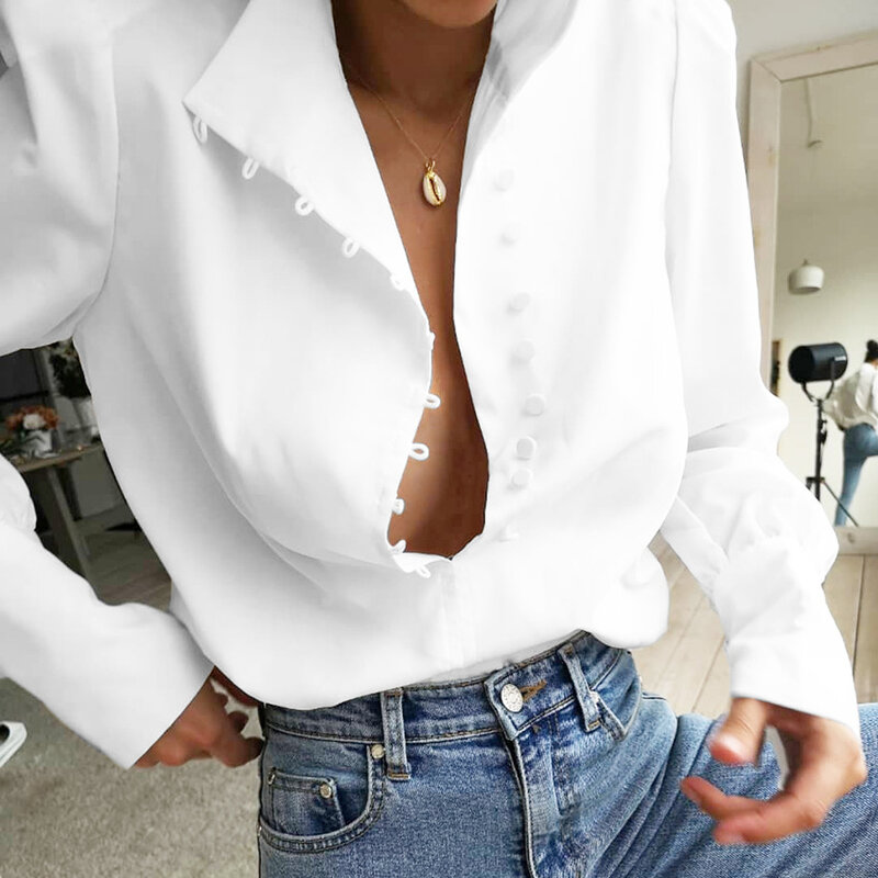 المرأة الأبيض قميص مكتب الربيع أنيقة الياقة المدورة بلوزة بلوزات بأكمام طويلة عادية الصلبة واحدة الصدر نفخة كم البلوزات