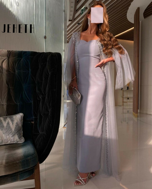 فستان سهرة عربي رصاصي أزرق أنيق من JEHETH بأكمام كاب بطول الكاحل فستان رسمي نسائي لحفلات الزفاف في دبي