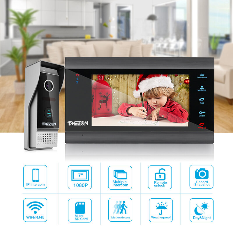 المنزل نظام اتصال داخلي لاسلكي واي فاي الذكية IP جرس باب يتضمن شاشة عرض فيديو 7 بوصة مع 1x1200TVL السلكية باب الهاتف كاميرا