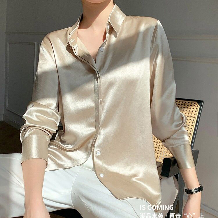 الشمبانيا الساتان قميص الراقية تصميم الفرنسية الرجعية تقليد الحرير بلوزة الحرير الحرير الكامل الرسمي موضة ملابس امرأة 2020