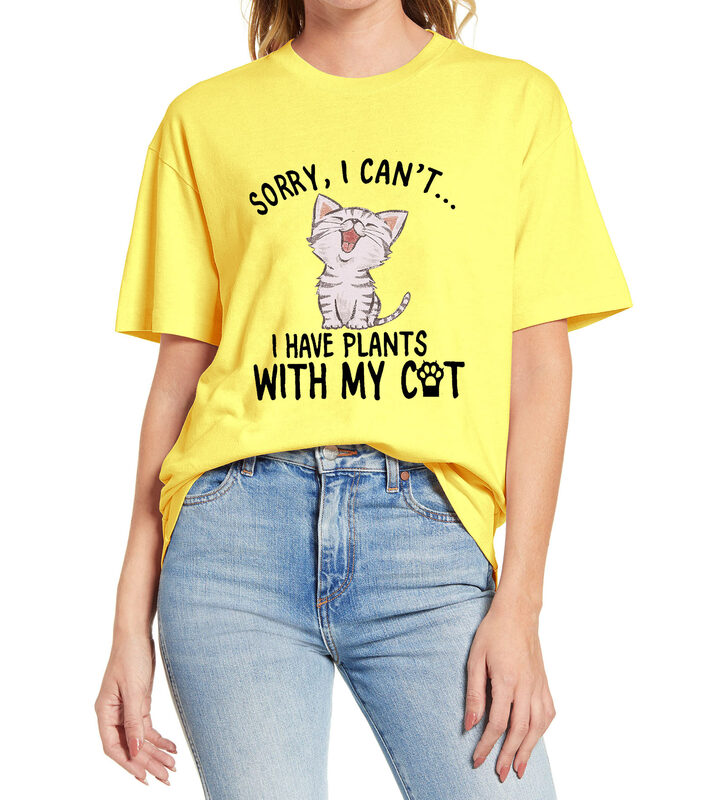 آسف لا يمكنني أن يكون لدي خطط مع بلدي القط مضحك لطيف قميص ل القط عاشق قميص نسائي كم قصير مضحك للجنسين تي شيرت القطن المحملة