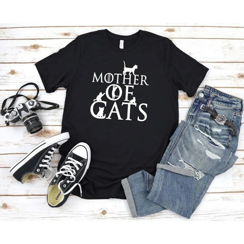 تي شيرت للسيدات مطبوع عليه أم القطط بأكمام قصيرة وياقة على شكل حرف O تي شيرت للسيدات مواكب للموضة ملابس علوية Camisetas Mujer SGQ3