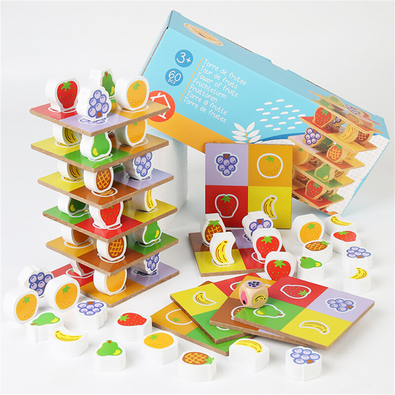 لعبة مونتيسوري التوازن الخشبي لعبة برج الفاكهة للأطفال الفاكهة الملونة Jenga التراص بنة ألعاب تعليمية في وقت مبكر