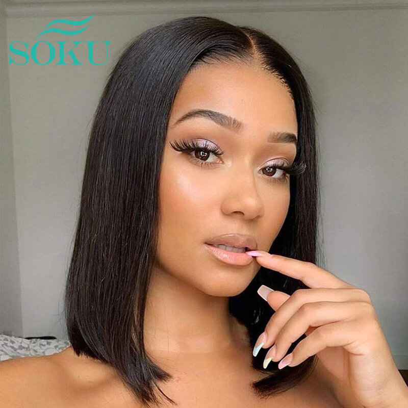 Short Bob Synthetic Lace Front Wigs Middle Part Straight Hair For Black Women SOKU Dark Brown Lace Wig High Temperature Fiber #1