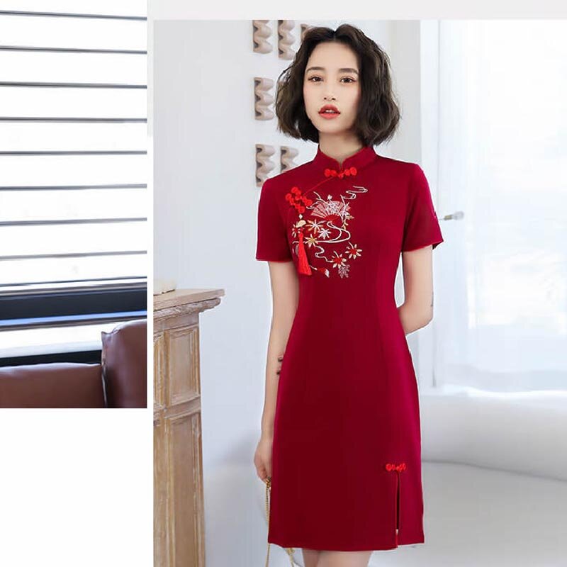 فستان شيونغسام صيني تقليدي ، عتيق ، أحمر ، قطن ، كلاسيكي ، مطاطي ، زي تشيباو ، حفلة صيفية