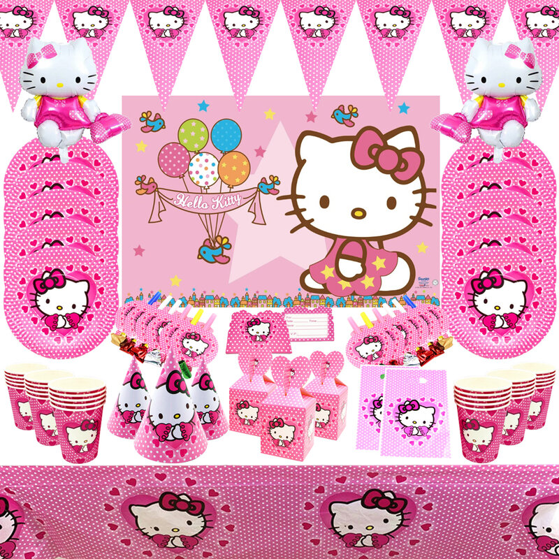 الوردي القط موضوع الفتيات حفلة عيد ميلاد الديكور لوازم الطاولة/المائدة قابل للتصرف ورقة كأس لوحة استحمام الطفل الاطفال حفلة عيد ميلاد لوازم