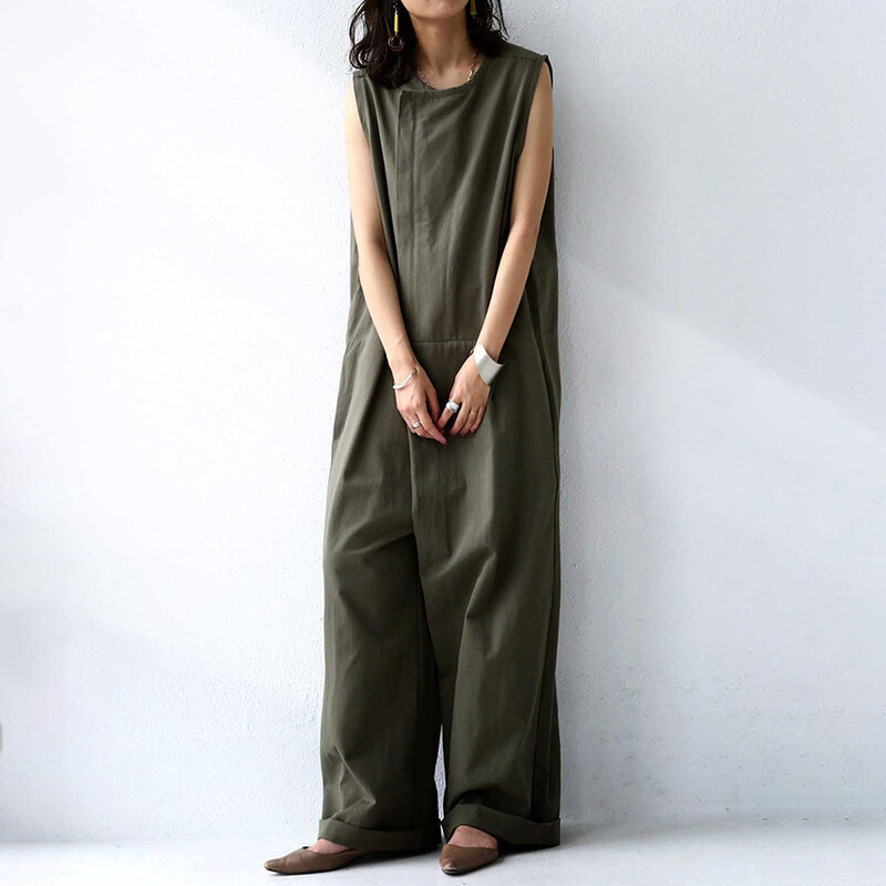قطعة واحدة ملابس الصيف junpsuit للنساء فضفاض عادية كوريا موضة السيدات واسعة الساق رومبير بلون بلا أكمام الشارع الشهير