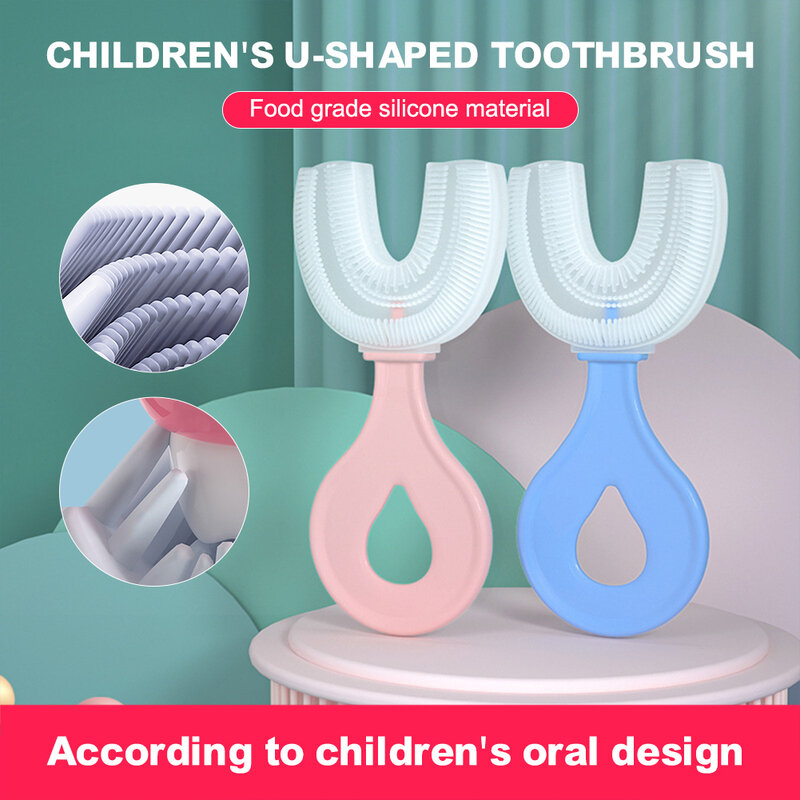فرشاة أسنان للأطفال على شكل حرف U فرشاة أسنان للرضع مع مقبض فرشاة تنظيف للعناية بالفم من السيليكون للأطفال من سن 2-12 شحن سريع
