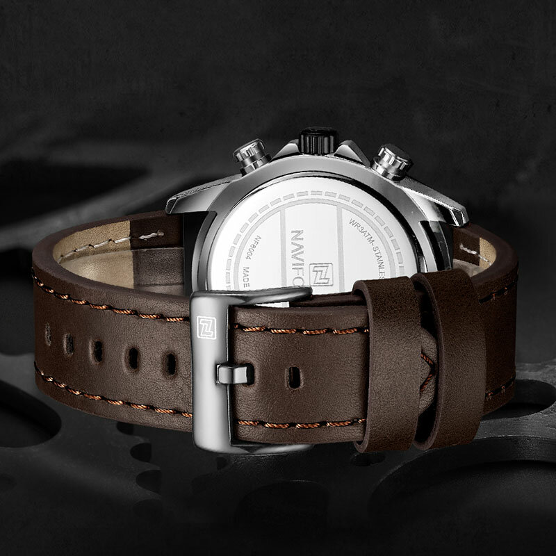 ساعة من الجلد الطبيعي من ماركة NAVIFORCE للرجال ساعة رياضية عسكرية كرونوغراف كوارتز مع يد مضيئة ساعة رجالية
