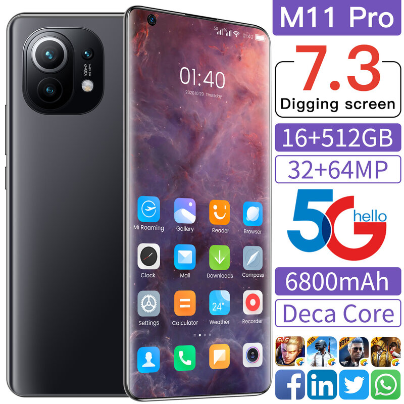 هاتف ذكي إصدار عالمي جديد M11 Pro بشاشة 5G 7.3 بوصة عالية الدقة سنابدراجون 888 12G 512G 48mp هاتف محمول ببصمة وجه