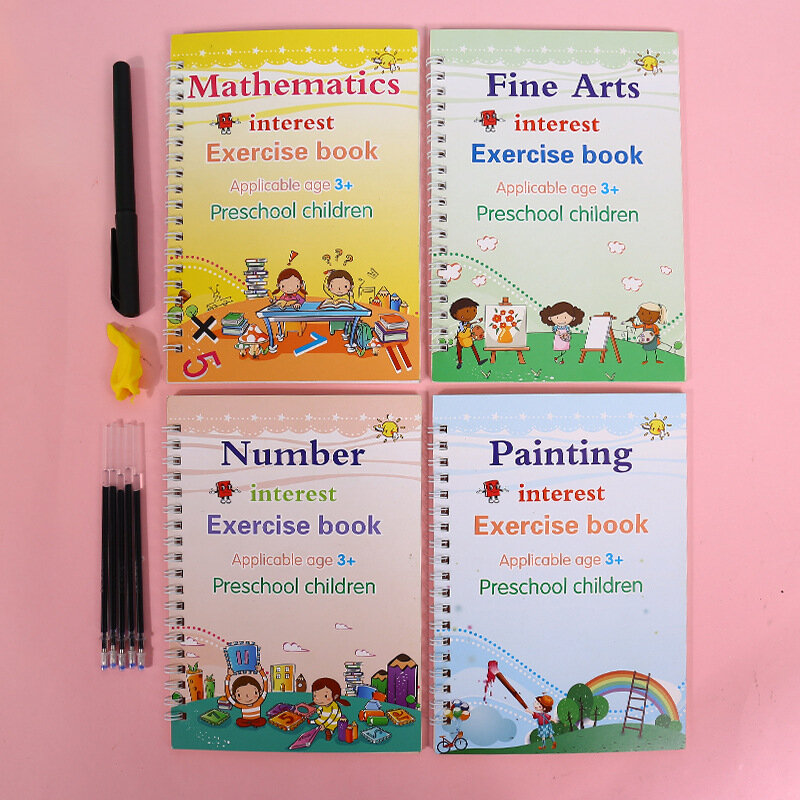 4 كتب للأطفال كتب سحرية للأطفال ، قابلة لإعادة الاستخدام ثلاثية الأبعاد كتب الخط الإنجليزية عدد حروف السحر ممارسة كتب التأليف