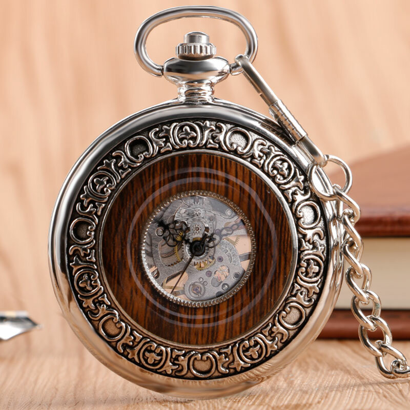 خمر الخشب ساعة جيب الميكانيكية الأرقام الرومانية الإبداعية نحت زهرة الطلب الساعات الخشبية سلسلة بدلاية النساء الرجال الهدايا