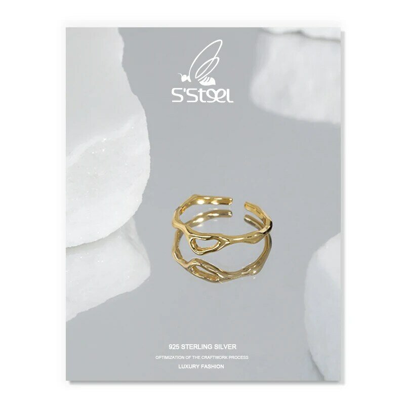 S'STEEL-خاتم من الفضة الإسترليني عيار 925 قابل للتعديل ، خاتم بتصميم بسيط وذهبي ، هدية مجوهرات راقية