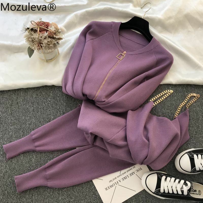 Mozuleva النساء 2021 الخريف الشتاء محبوك سترة سستة بالأزرار السراويل 3 قطعة مجموعات ملابس رياضية