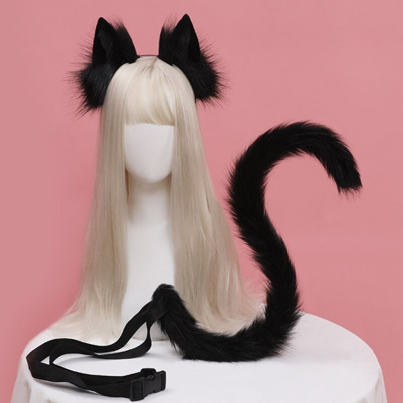 الكرتون آذان الذيل مجموعة تنكر هالوين القط تأثيري زي حفلة الأذن طوق الشعر أغطية الرأس لوليتا اكسسوارات