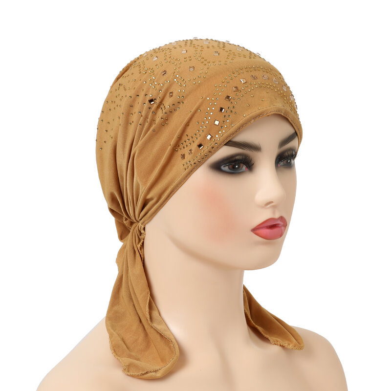 H088 قبعات عالية الجودة مسلم مع أحجار الراين سحب على الحجاب الإسلامي عمامة الحجاب مع شريط مرن