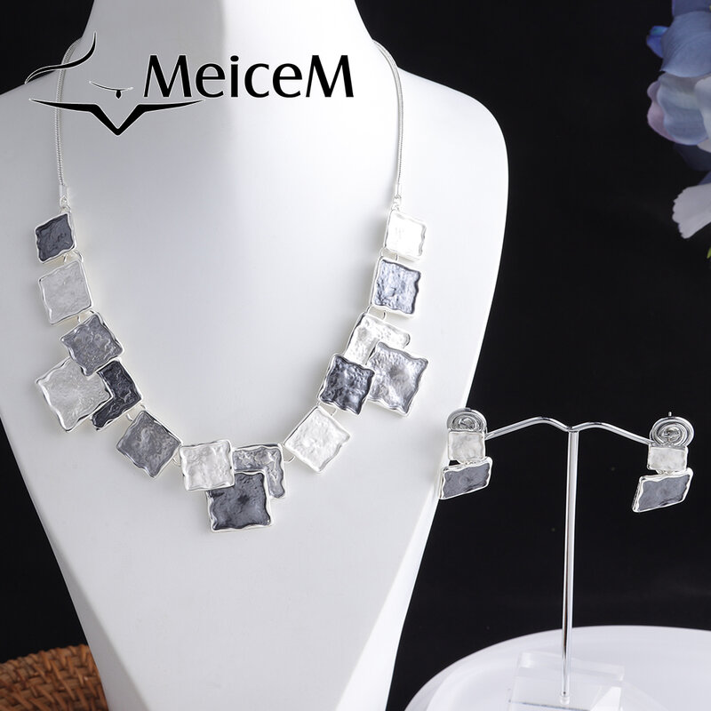MeiceM 2021 أفضل بيع كلاسيكي بوهو طقم مجوهرات للأزياء الفتيات هدية مخصص هندسية المختنق القلائد سبائك الزنك قلادة