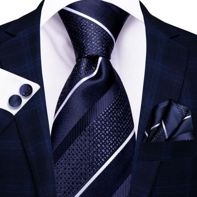 مرحبا التعادل الأزرق الداكن مخطط الصلبة الحرير الرجال الزفاف التعادل هدية ربطة العنق للرجال جودة Hanky زر الكم الأعمال مصمم أزياء الحفلات #2