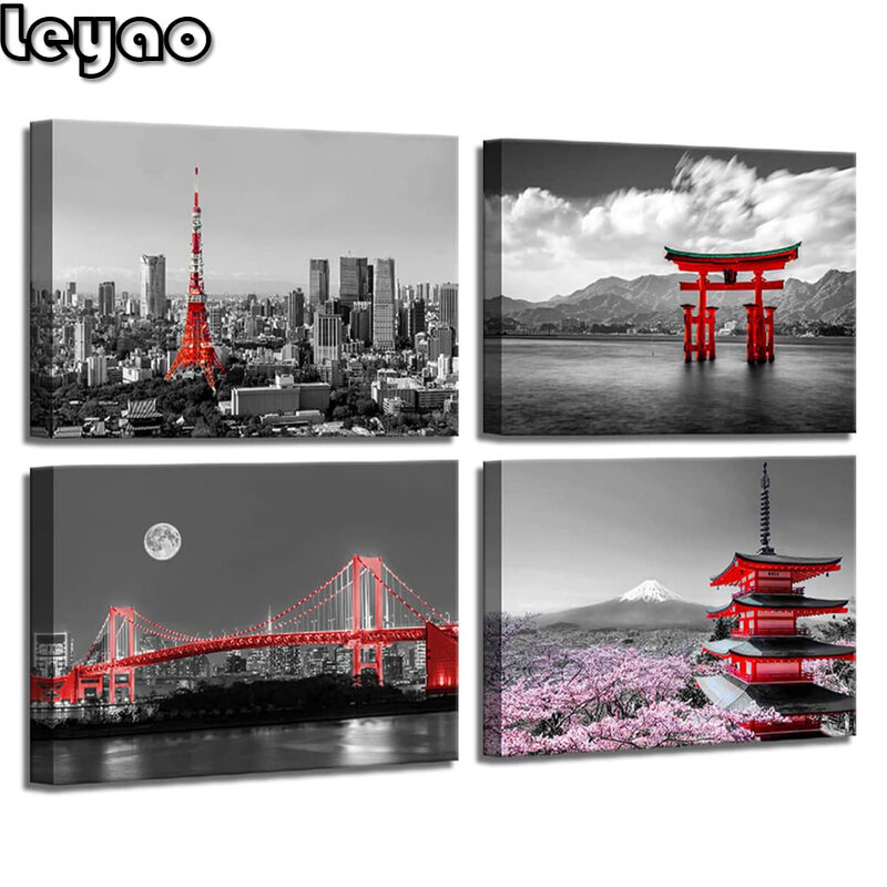 الفن الياباني مساء مشهد جسر قوس قزح عبر خليج طوكيو طوكيو برج بوابة Mt فوجي زهر الكرز الماس اللوحة