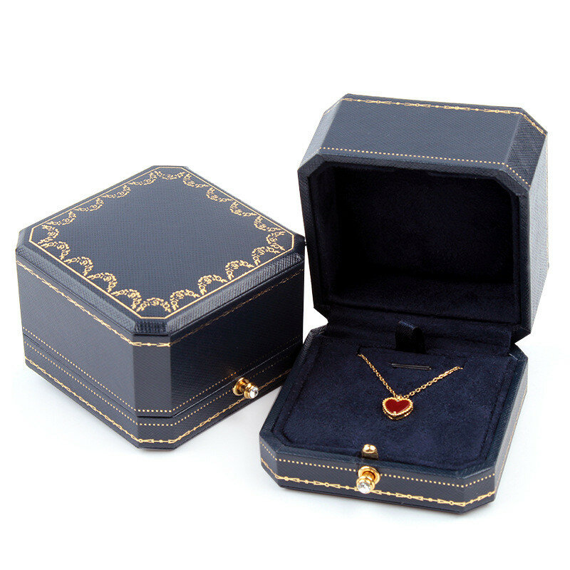 صندوق قلادة خاتم مزدوج من الجلد ، صندوق مجوهرات فاخر ، علب هدايا بزر ذهبي
