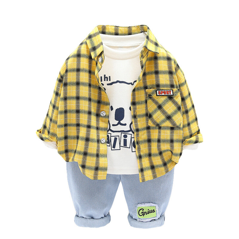 الأطفال ملابس رسمية الربيع والخريف منقوشة قميص سترة الكرتون قاع قميص سراويل جينز بدلة طفل ثلاث قطع