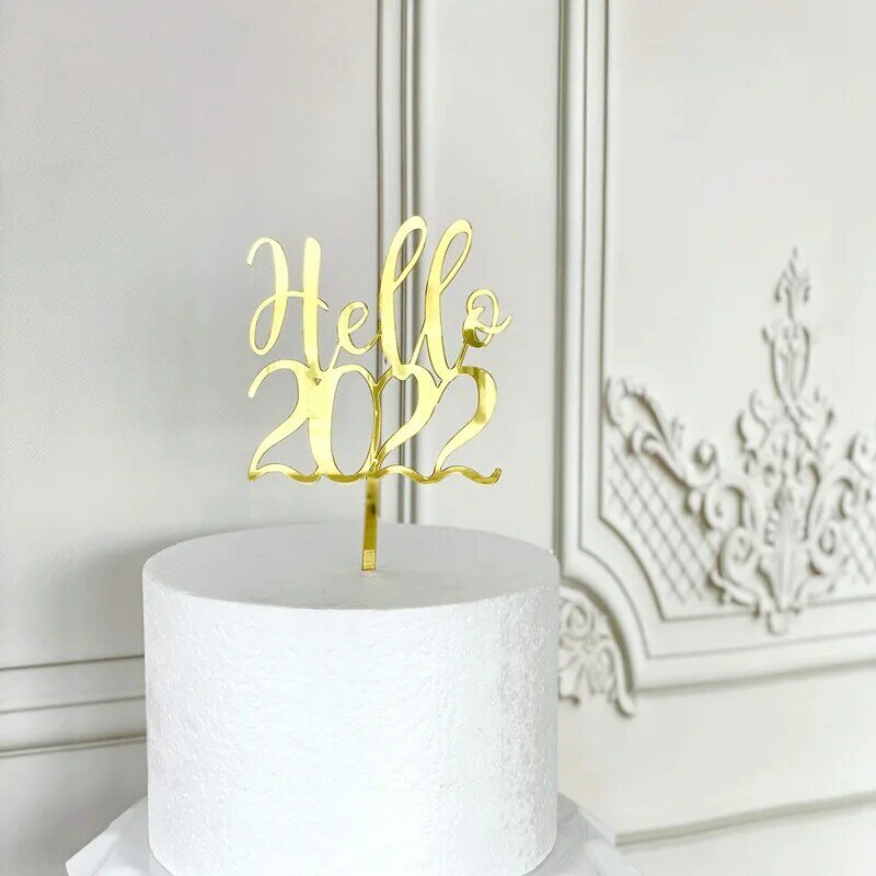 الاكريليك كعكة توبر مرحبا 2022 سعيد السنة الجديدة كعكة الديكور بسيط الذهب عدد كعكة توبر الخبز حفلة Favors