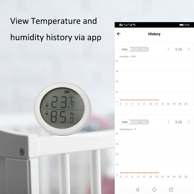 المنزل الذكي استشعار درجة الحرارة والرطوبة مع شاشة LED يعمل مع مساعد جوجل ومحور زيجبي