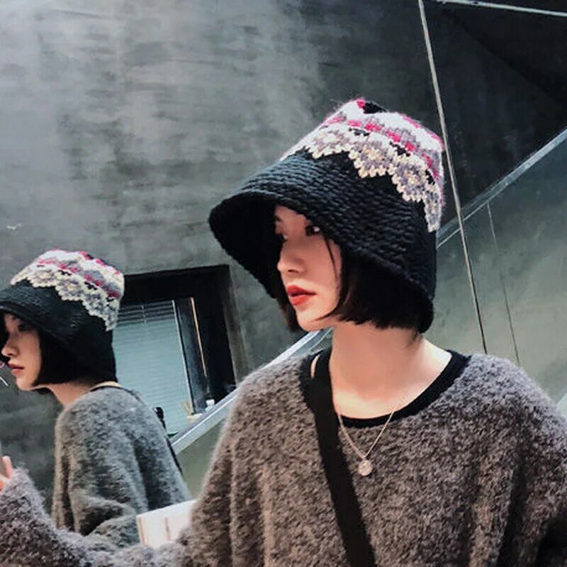 دلو القبعات المرأة عادية المرقعة النسخة اليابانية السائدة أنيق كل مباراة الشتاء الدفء محبوك الحلو بسيطة العطاء Ins