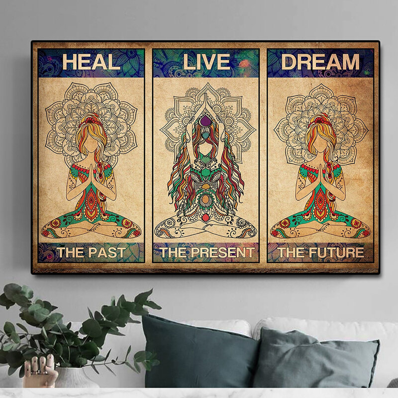 اليوغا المشارك شفاء قماش رسم مطبوع اللوحة شفاء الماضي يعيش الحلم الحاضر المستقبل جدار صورة فنية لغرفة المعيشة