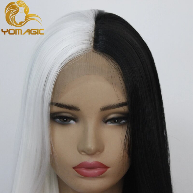 باروكات شعر اصطناعي من Yomagic بشريط أمامي باروكة شعر طبيعي نصف أسود نصف لون أبيض شعر مستعار من الدانتيل بدون غراء
