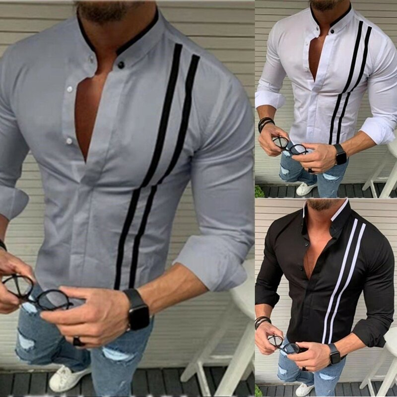الرجال عادية رسمية شريط كم طويل بلايز زر الأعمال بلوزة قمصان تيز بلوزة مطبوعة زر الذكور بدوره إلى أسفل الياقة القمم