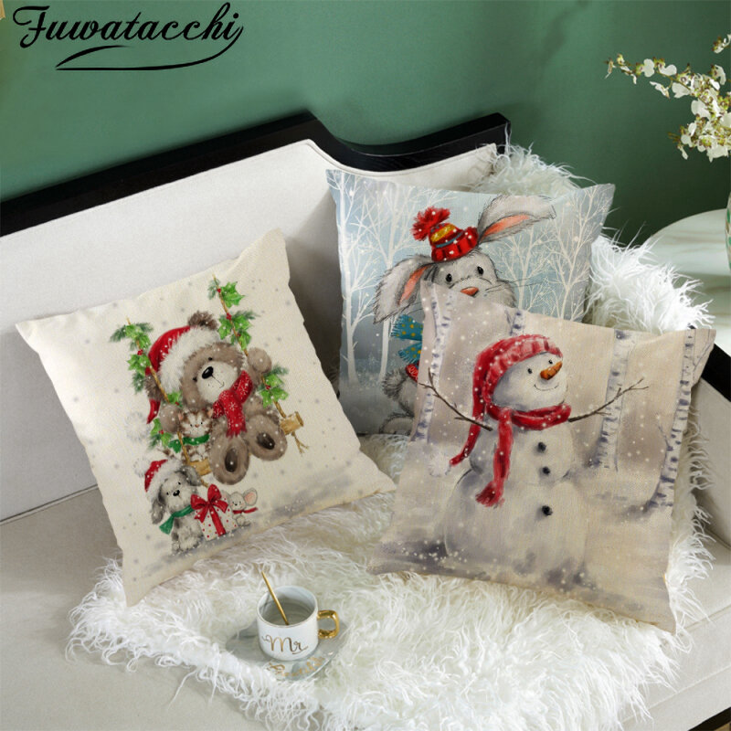 Fuwatacchi-غطاء وسادة ساتان لعيد الميلاد المجيد ، ديكور للأريكة ، Navidad ، Noel