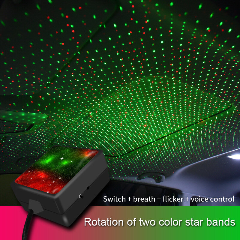 أزرق أحمر أخضر قابل للتدوير USB LED سيارة مصباح لتهيئة الجو سقف السيارة السماء المرصعة بالنجوم العارض مع التبديل التنفس التحكم الصوتي وامض