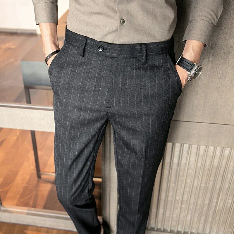 New men's British style striped cropped trousers Slim-fit trousers with small feet, youth business casual trousers, suit pants