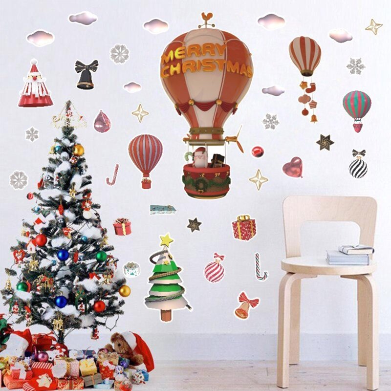 عيد الميلاد الديكور ملصقات جدار بالون الهواء الساخن ندفة الثلج شجرة عيد الميلاد نمط ملصقات غرفة المعيشة المنزلي مول للتسوق ديكور