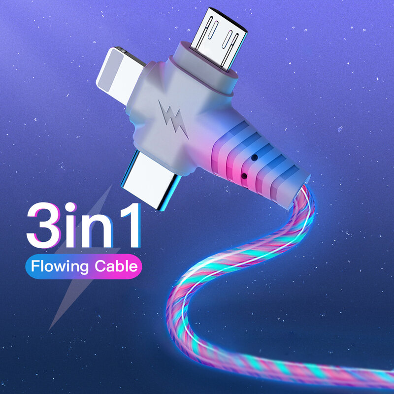 3in1 مايكرو USB نوع C كابل آيفون 13 12 11 هواوي سامسونج تدفق مضيئة led الإضاءة usb كابل شحن سريع USB C الحبل
