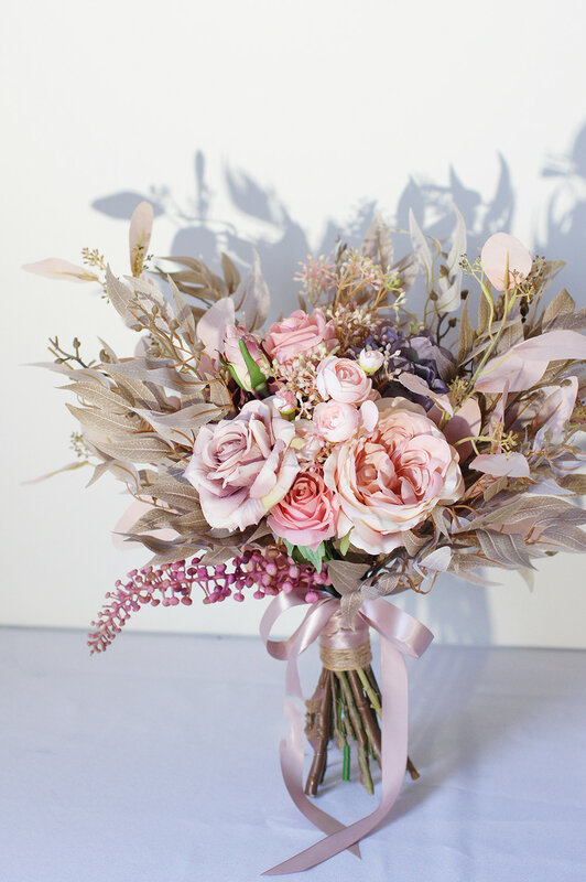SESTHFAR-باقة من الورود والفاوانيا الوردية ، باقة يدوية للزفاف ، راموس حقيقي ، باقات فاوانيا ريفية صناعية
