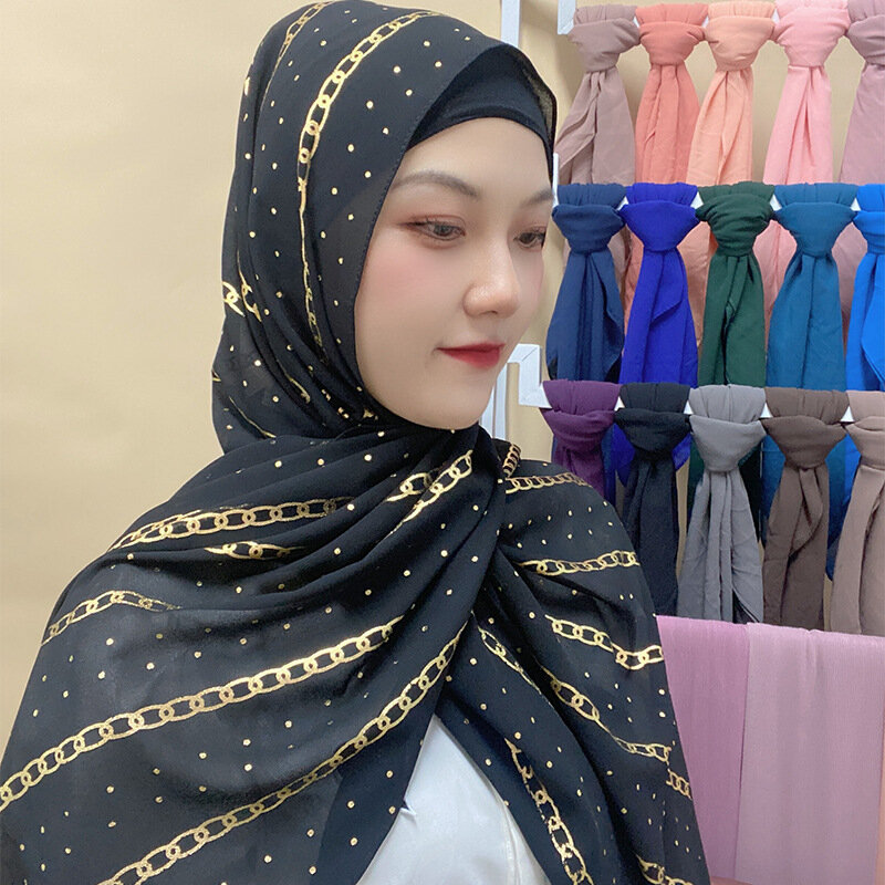 سلسلة سوداء الشيفون الحجاب وشاح البرنز ريشة ورقة الهندسة نمط شال الحجاب للنساء المسلمات الحجاب الأوشحة عمامة