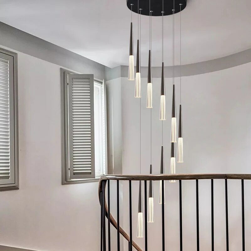 الحديثة الدرج الثريا LED الأسود مخروط الثريا المنزل فيلا غرفة المعيشة الإضاءة الزخرفية بريق الدرج الثريا