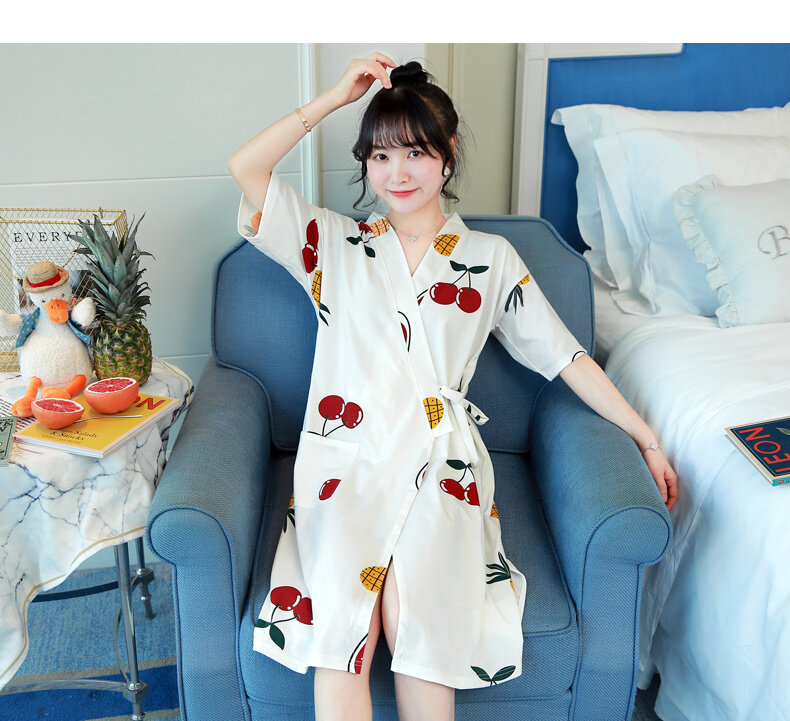 Kimono Style Nightgown Women's Middle Length Lovely Nightdress Summer Thin Style Bathrobe Cotton Short Sleeve Morning Robe