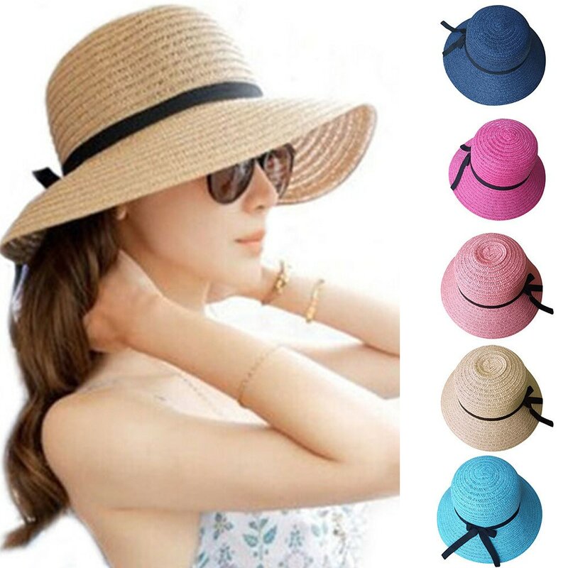 المرنة طوي السيدات النساء القش الشاطئ الشمس قبعة صيفية بيج واسعة حافة الصيف الرجال قبعات الشاطئ للنساء قبعات من القش