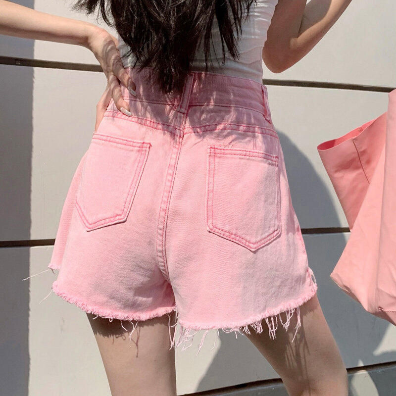 الأساسية الصيف الدنيم السراويل النساء 2021 الكورية نمط عادية عالية الخصر مكبل شرابات ممزق ثقوب الوردي شورت جينز قيعان الإناث