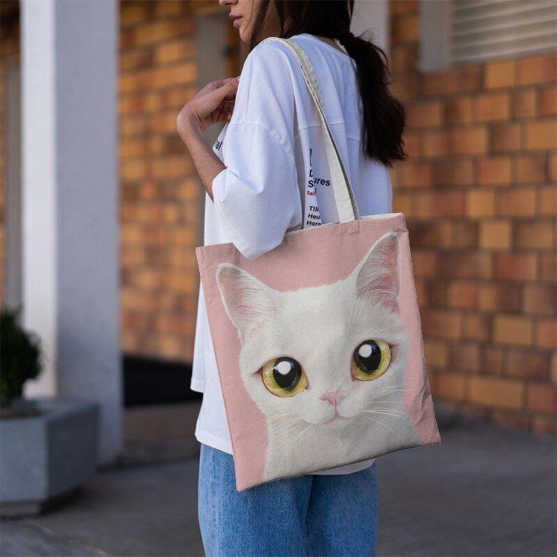 ثلاثية الأبعاد القطط حقيبة تسوق مطبوعة للنساء موضة جميلة قماش حقيبة كتف مضحك Harajuku ايكو قابلة لإعادة الاستخدام المحمولة كيس التخزين