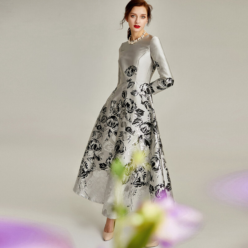 فستان نسائي أنيق من الجاكار الفضي ، مصمم خصيصًا لوالدة العروس ، لحفلات الزفاف ، مقاس كبير