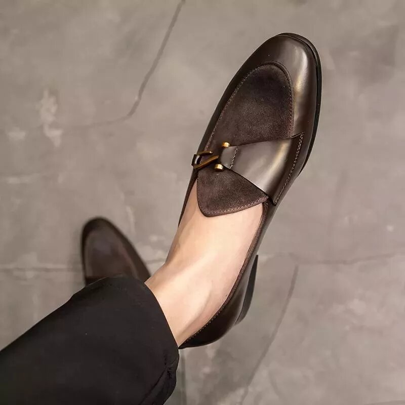 2021 جديد الرجال موضة الاتجاه الأعمال فستان كاجوال أحذية اليدوية براون بو خياطة فو الجلد المدبوغ مجموعة خطفات على دواسة المتسكعون 3KC575