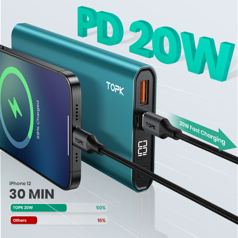 TOPK I1007P قوة البنك 10000 mah PD 20W شاحن المحمولة تجدد Powerbank 10000 mah بطارية خارجية تهمة سريع ل فون Xiaomi مي 9