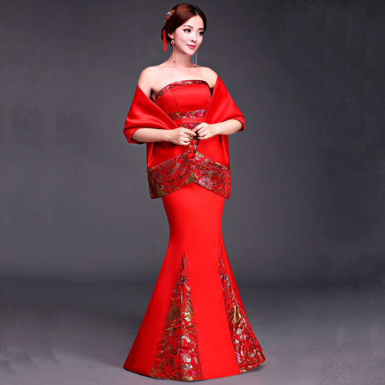 فستان سهرة صيني تقليدي للنساء ، فستان زفاف أحمر أنيق ، تشيباو ، ذيل